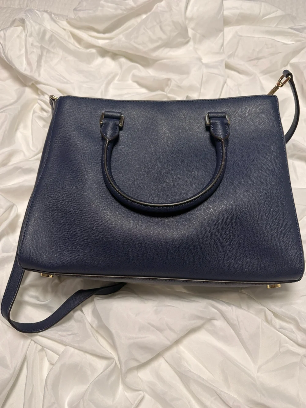 Michael Kors Navy Saffiano Satchel with Gold MK Charm